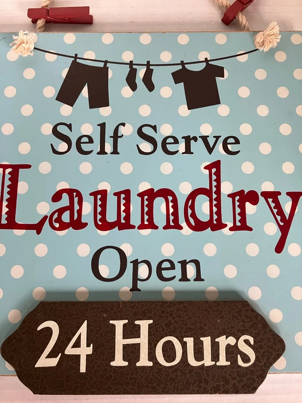 Self Serve Laundry Open 24 Hours Wall Sign - Blue Polka Dot Wood 10 inch